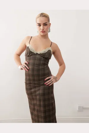 Motel Delfina lace edge check midaxi dress in