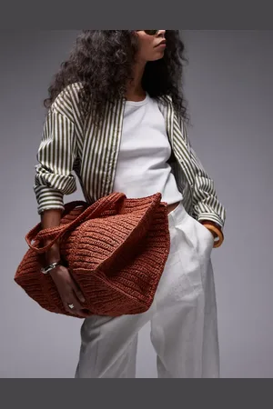MANGO Extra large raffia bag with zip thorugh lining in burnt