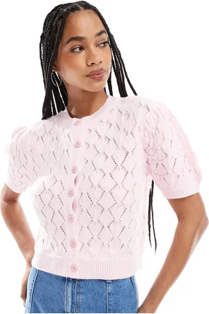 Miss Selfridge Knitted pointelle puff short sleeve button up top in
