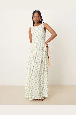 ASOS Slash neck button down dropped waist maxi dress in green floral