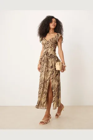 ASOS Puff sleeve waisted ruffle maxi dress in pink animal print