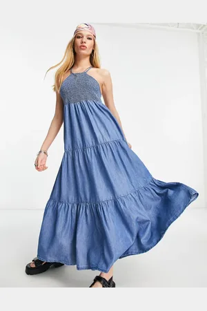 ONLY Denim shirred high neck tiered maxi dress in