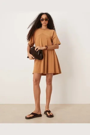 ASOS T shirt swing mini dress with fringe back detail in rust