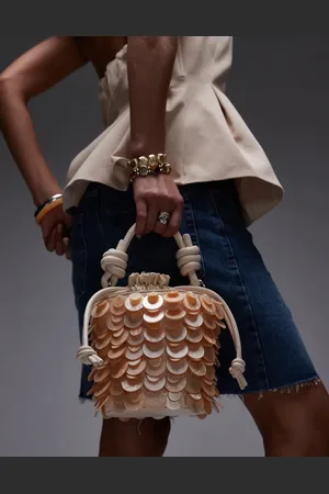 Topshop Georgie embellished grab bucket bag in beige