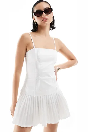 Bershka Cotton straight neck pleated mini dress in