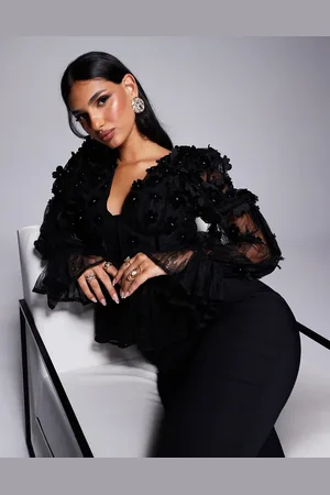 ASOS Mesh floral bardot long sleeved top with velvet flowers and pearl embellishment in