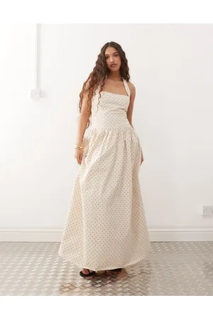 Amy Lynn Square halter neck maxi dress in cream polka dot