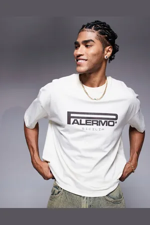 ASOS Boxy oversized t-shirt with city text graphic in cream