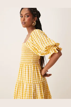 Lovedrobe Gingham milkmaid puff sleeve mini dress in