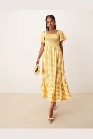 Lovedrobe Gingham square neck short sleeve midaxi dress in