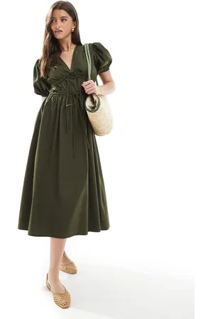 South Beach Tie front short sleeve midi dress in khaki