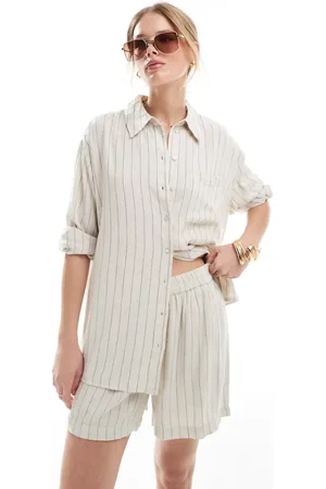 Pieces® Linen touch shirt co-ord in birch cream and black stripe