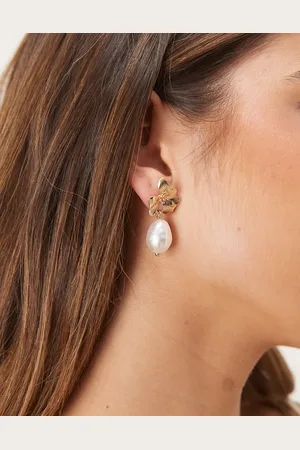 ASOS Flower stud earrings with asymetric pearl drop details in tone