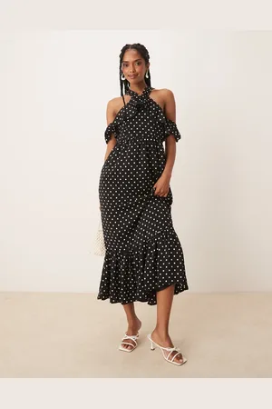 Lovedrobe Polka dot could shoulder halter neck midaxi dress in