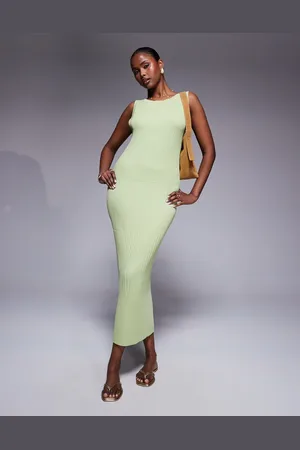 ASOS Knitted slash neck midaxi dress in wide rib in pistachio