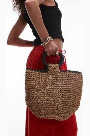 Topshop Griffin grab straw bag in natural & black
