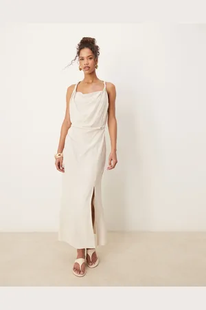 ASOS Linen twist shoulder detail midi dress with ruching in oat