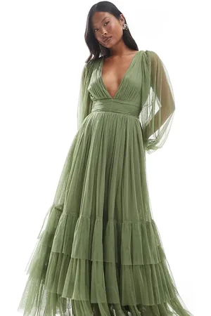 Lace & Beads Bridesmaid Madison long sleeve maxi dress in soft olive