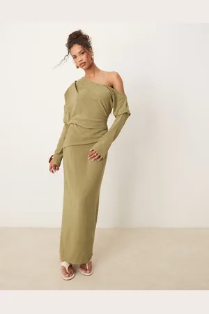 ASOS Linen asym fallen shoulder long sleeve midi dress in khaki