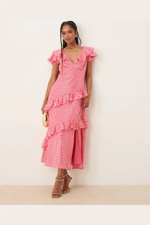 Lovedrobe Flutter sleeve v neck ruffle midaxi dress in