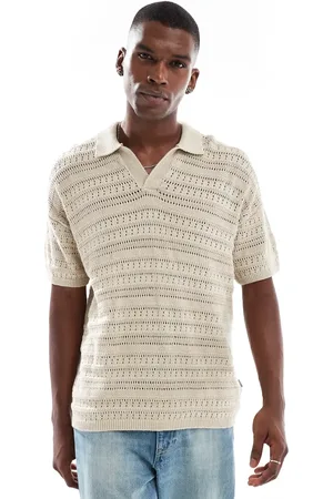 Only & Sons Drop shoulder open knit split neck polo in beige