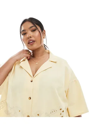 ASOS ASOS DESIGN Curve co-ord short sleeve shirt with revere collar with broderie detail in straw