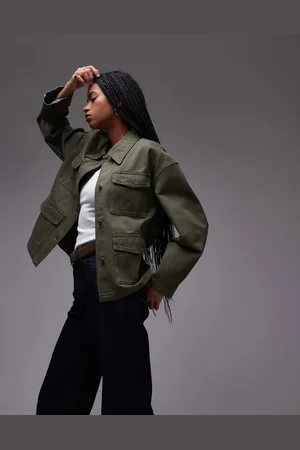 ARKET Denim jacket with patch pockets and cinch back in washed khaki