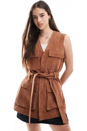 ASOS Premium suede trucker belted waistcoat in tan