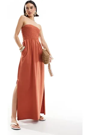 Threadbare Bandeau midi dress with shirred bust in rust