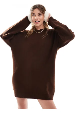 ASOS Fluffy knitted v neck dress in chocolate