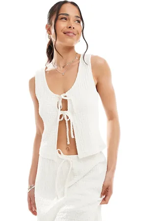 Miss Selfridge Textured jersey tie front top in natural