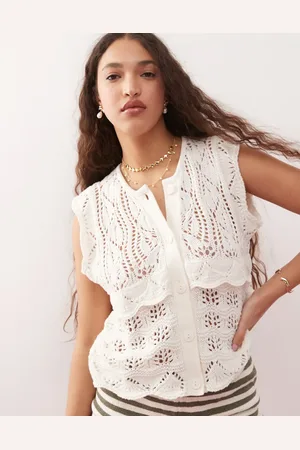 Miss Selfridge Crochet button through knit vest in cream