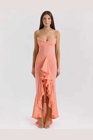 House Of Cb Gabbi mesh ruffled front gown in peach