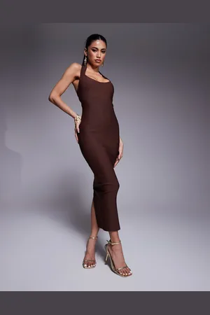 Vesper Bengaline scoop neck halterneck bodycon midaxi dress in chocolate