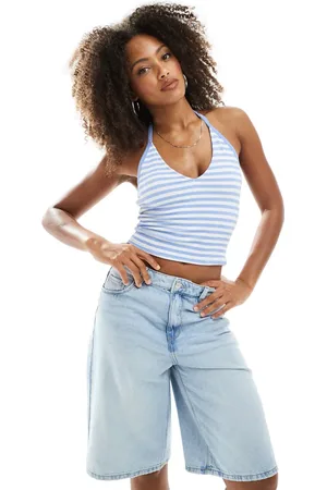 Pimkie Knitted halterneck top in blue and white stripe