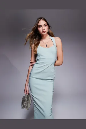 Vesper Bengaline scoop neck halterneck bodycon midaxi dress in sage