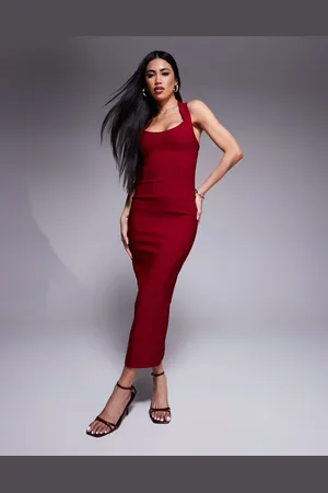 Vesper Bengaline scoop neck halterneck bodycon midaxi dress in burgundy