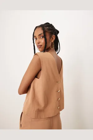 ASOS Tailored high neck button back top with mixed buttons co-ord in tan