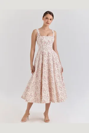 House Of Cb Mariabella cotton midi sun dress in cream floral print