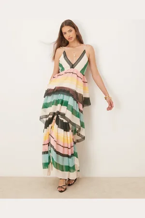ASOS Plunge tiered maxi dress with open back in striped print