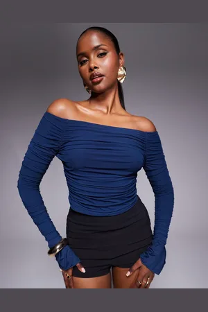 Princess Polly Slinky ruched detail bardot flare cuff top in