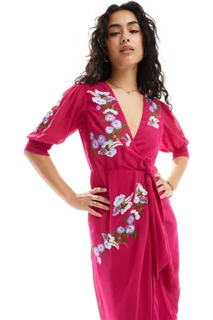 HOPE & IVY Wrap maxi dress in cherry with multi embroidery
