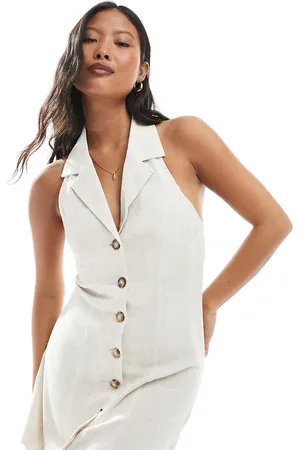 Miss Selfridge Linen blend collared halter mini dress stone