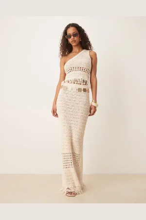 ASOS Co-ord crochet stitch maxi skirt with fringing in stone
