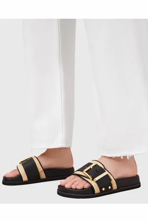AllSaints Ellie raffia leather sliders in black and
