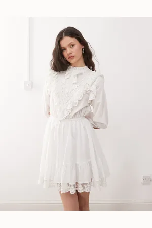 Miss Selfridge Lace trim heritage woven mini dress in