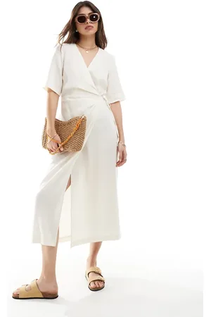 & OTHER STORIES Wrap front midi dress with side tie detail in off