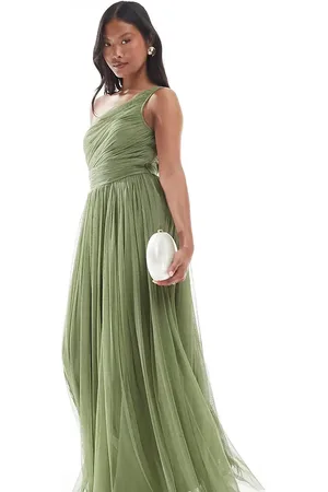 Lace & Beads Bridesmaid one shoulder maxi dress in soft olive