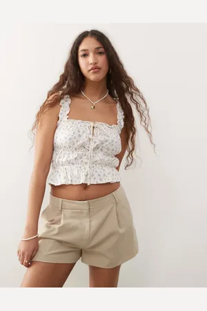 Miss Selfridge Shirred tie front top in ditsy floral