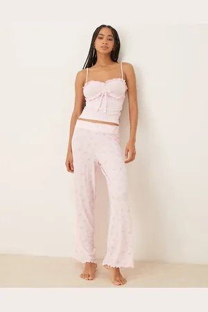Boux Avenue Rib frill cami and floral bow pant set in powder